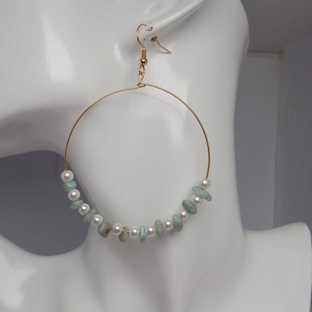 Elegant faux pearl and amazonite earrings